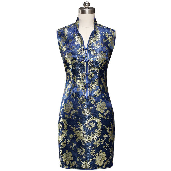 Navy Blue Satin Mini Qipao Cheongsam