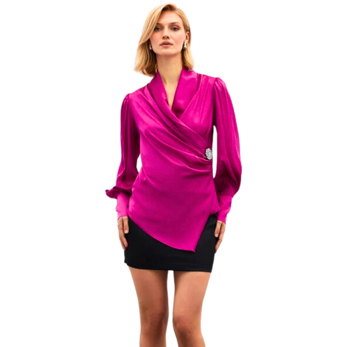 FUCHSIA Sateen Brooch Blouse  بلوزة ساتين بفوشيا مع بروش