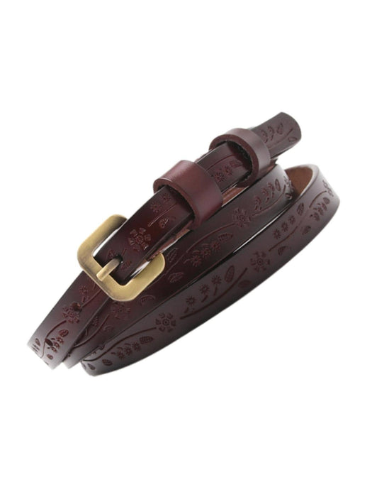 Floral Embossed Brown Leather Belt