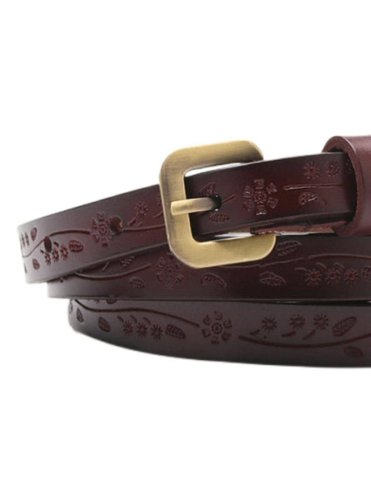 Floral Embossed Brown Leather Belt