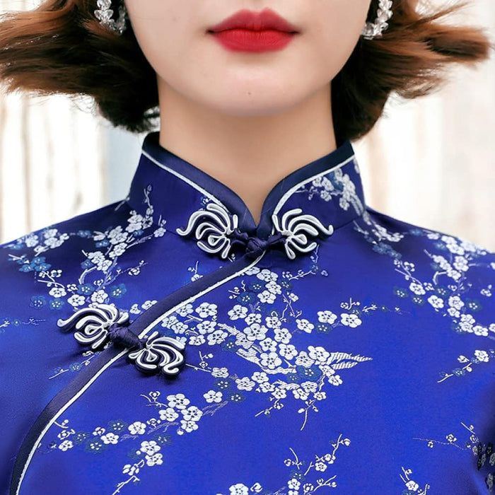 Blue Satin Chinese Traditional Cheongsam Dress