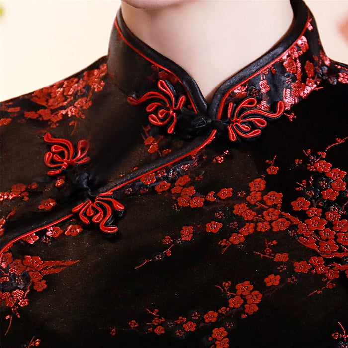 Black Satin Chinese Traditional Cheongsam Dress