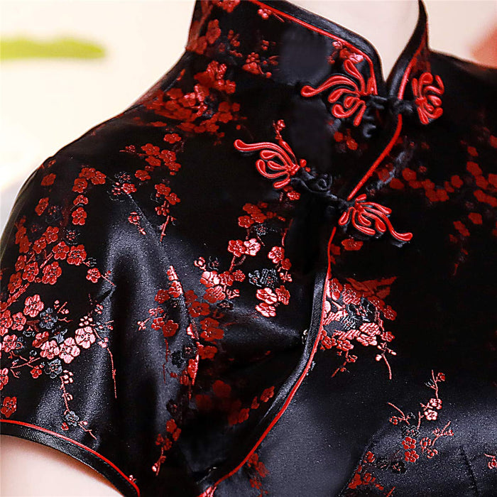 Black Satin Chinese Traditional Cheongsam Dress