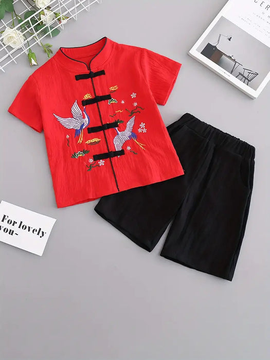 Boys Bird Embroidered Tang Cultural Two-Piece Set