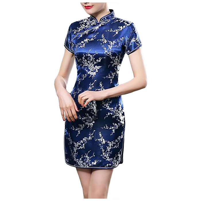 Blue Satin Chinese Traditional Cheongsam Dress