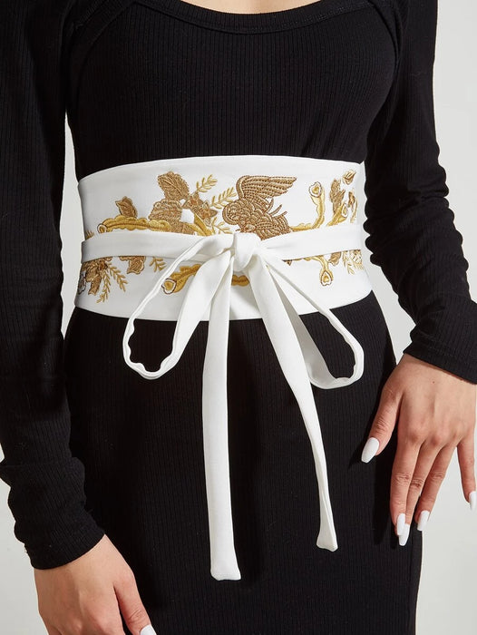 White Crane Embroidered Waist Belt