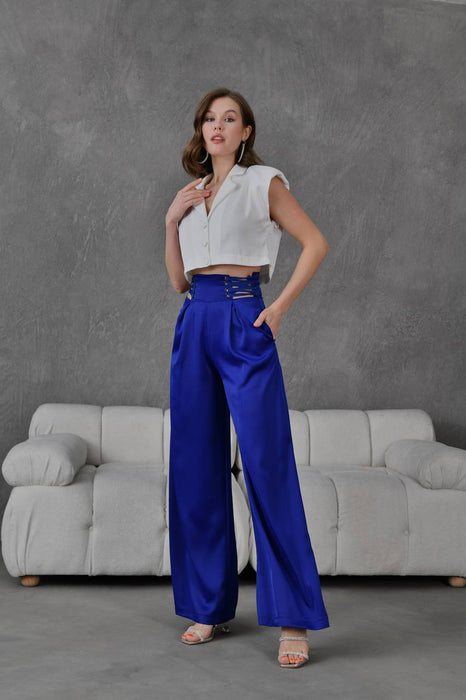 High Waist Wide Leg Blue Pants بنطال أزرق بخصر عالٍ وساق واسعة