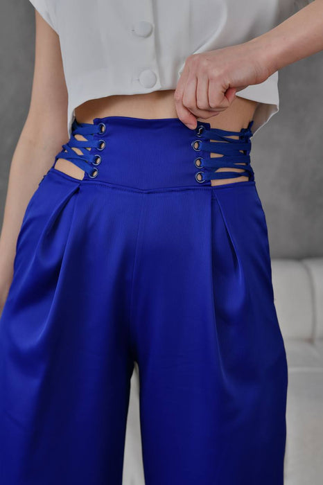 High Waist Wide Leg Blue Pants بنطال أزرق بخصر عالٍ وساق واسعة