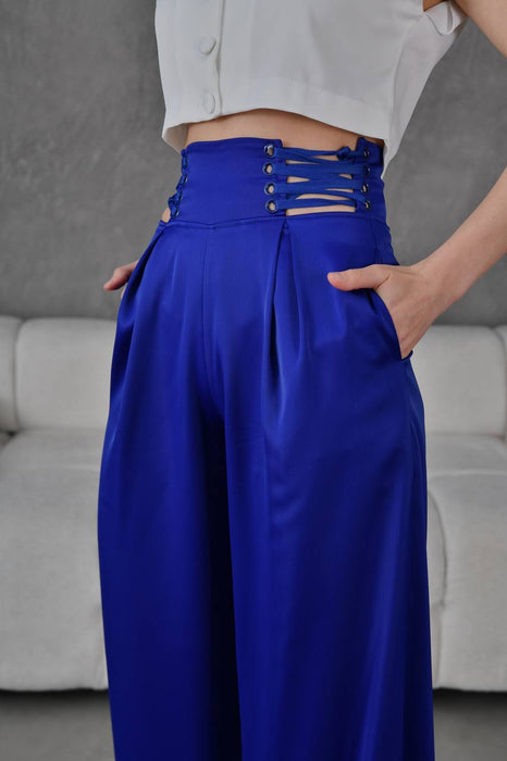 High Waist Wide Leg Blue Pants بنطال أزرق بخصر عالٍ وساق واسعة