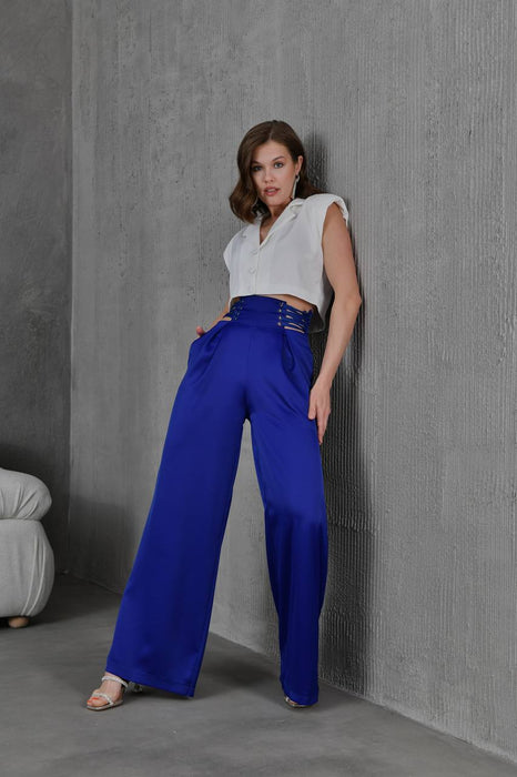 High Waist Wide Leg Blue Pants بنطال أزرق بخصر عالٍ وساق واسعة