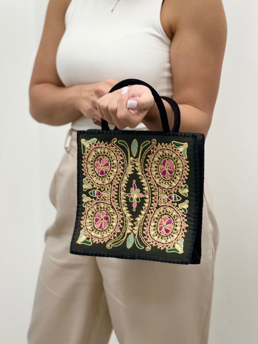 Vintage Black & Gold Metallic Hand Embroidery bag