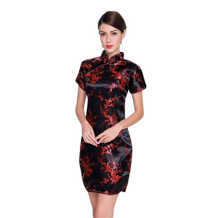 Black Satin Chinese Traditional Cheongsam Dress