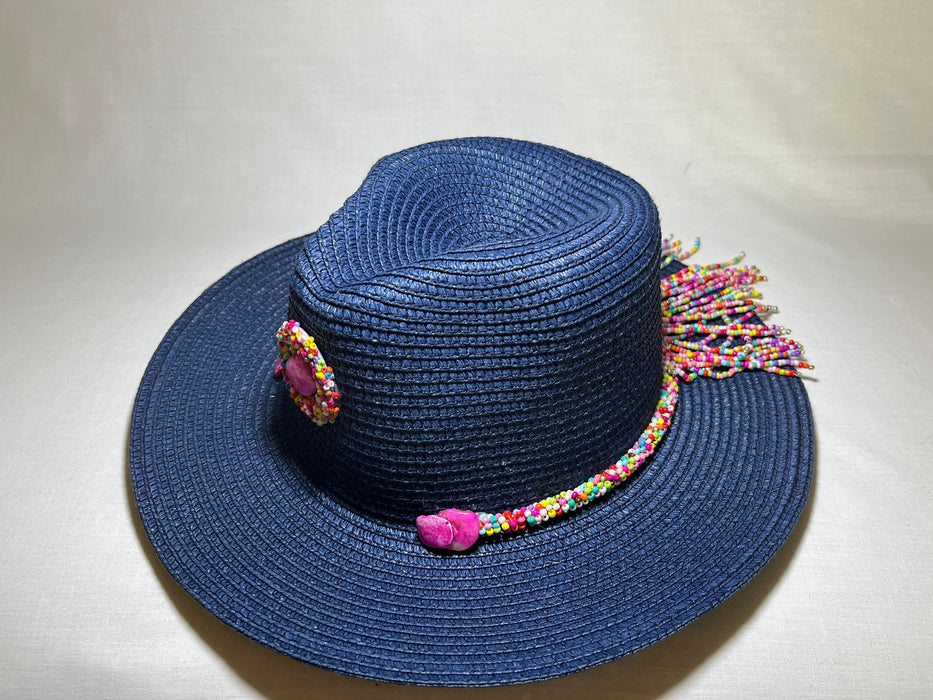 Spring Beaded Fringe Blue Panama Sun Hat