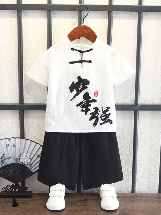 Boys White Hanfu Chinese Characters Cultural Two-Piece Set