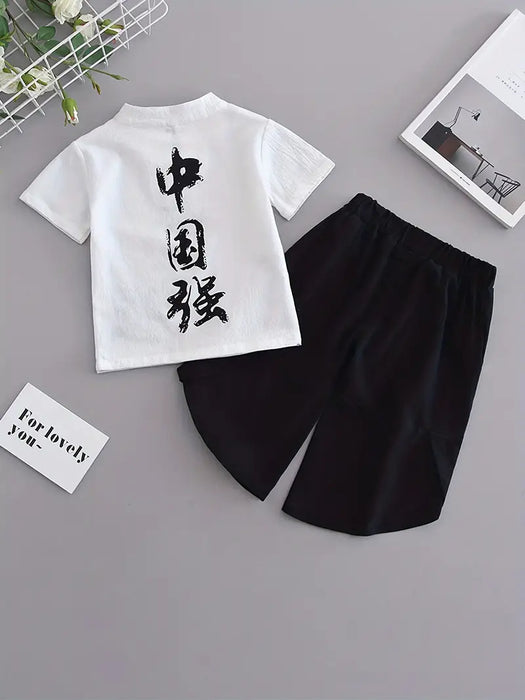 Boys White Hanfu Chinese Characters Cultural Two-Piece Set