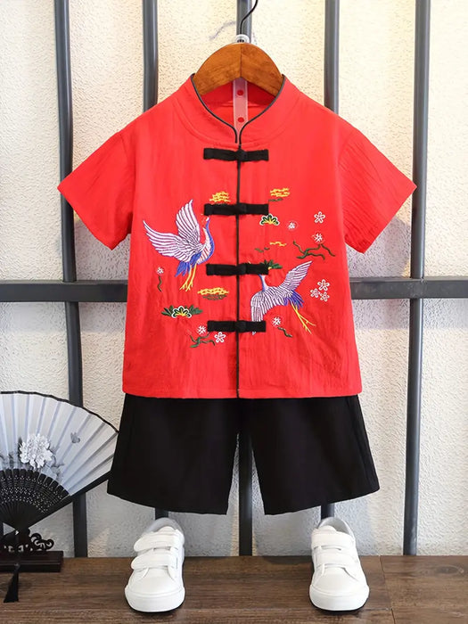 Boys Bird Embroidered Tang Cultural Two-Piece Set