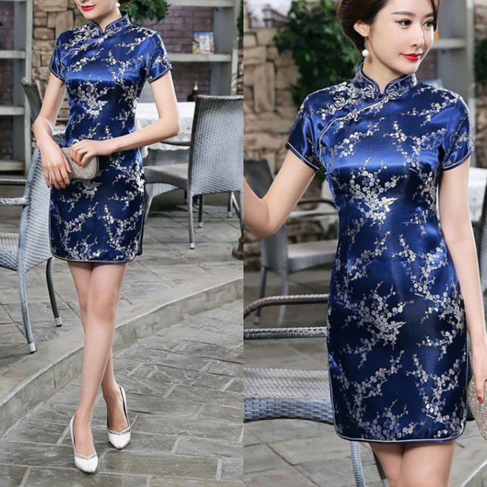 Blue Satin Chinese Traditional Cheongsam Dress