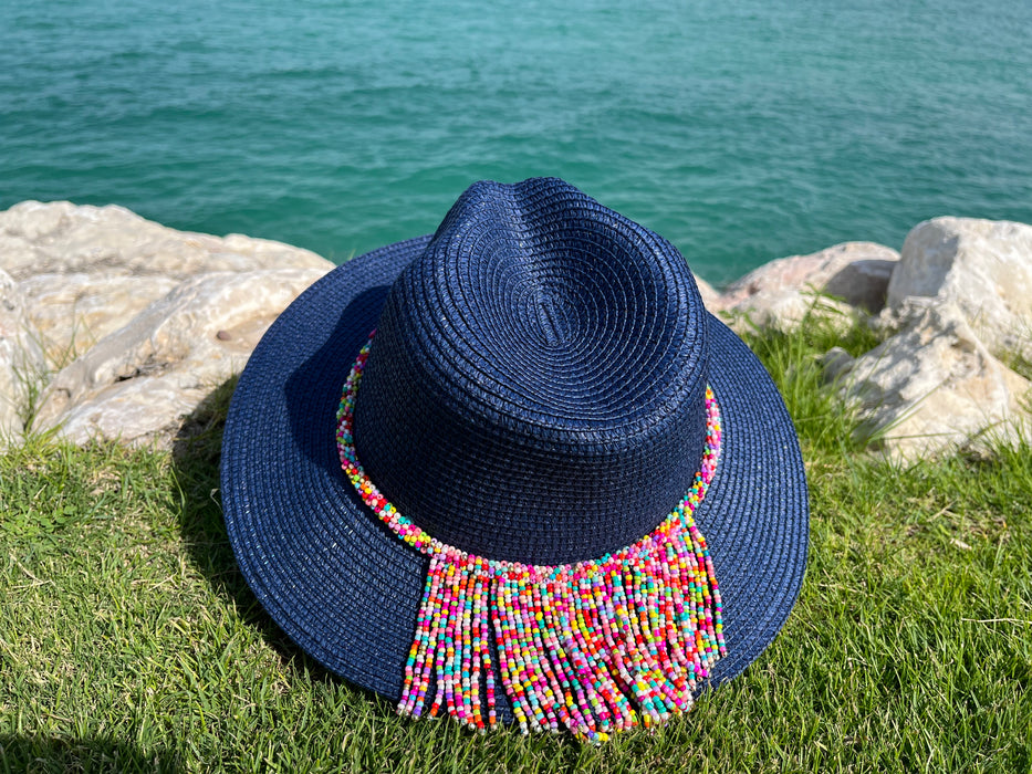 Spring Beaded Fringe Blue Panama Sun Hat