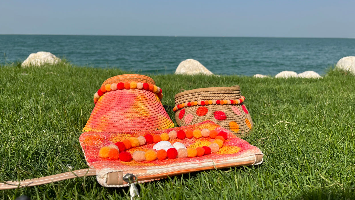 Orange Shaded Mother/Daughter Half Sun Hat with Purse Set of 3