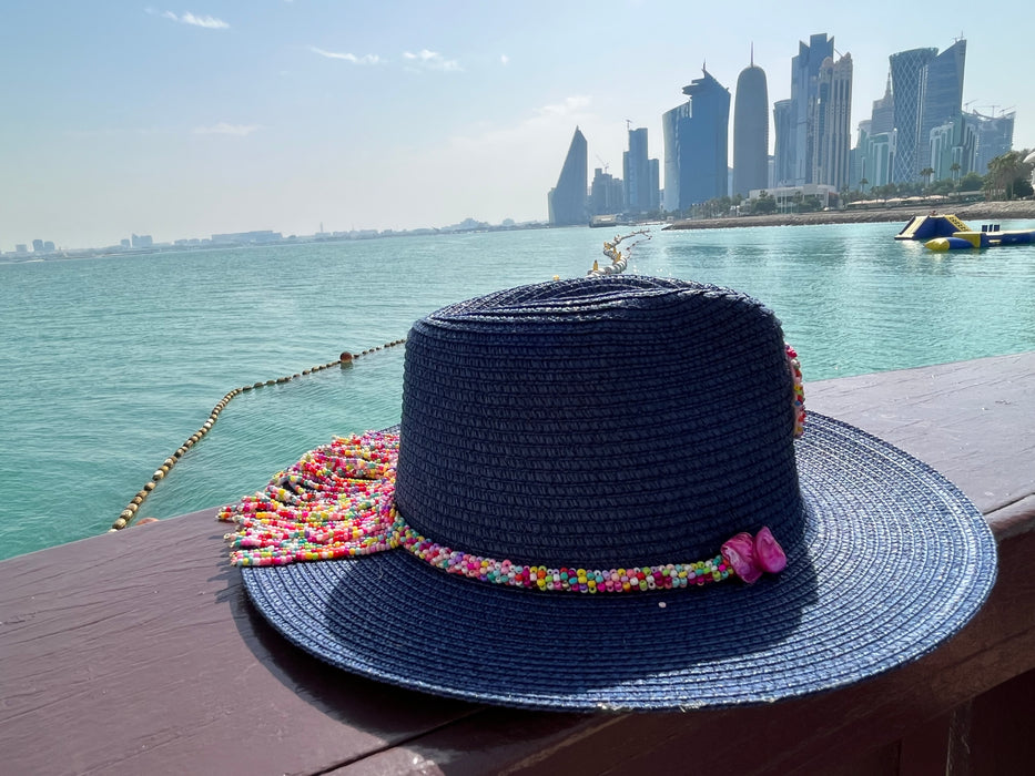 Spring Beaded Fringe Blue Panama Sun Hat