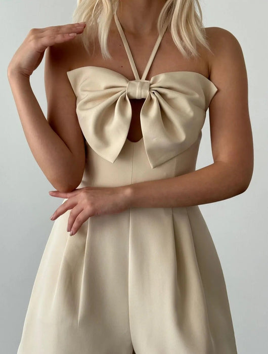 MISSCIXFASHION Ribbon-Tie Beige Jumpsuit Dress جمبسوت فستان بيج برباط شريطي